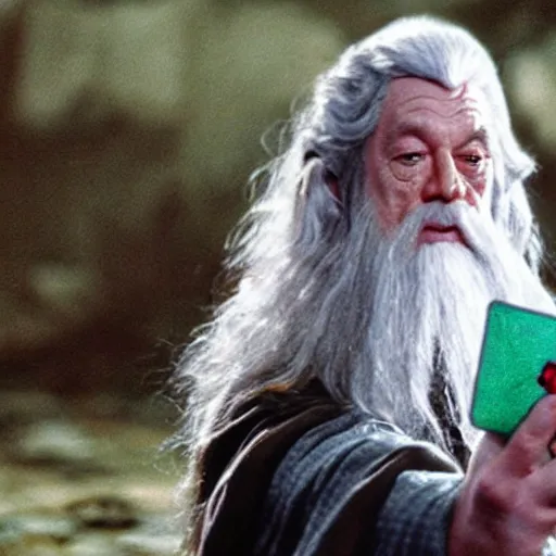 Image similar to portrait of gandalf, wearing a Hello Kitty costume, holding a blank playing card up to the camera, movie still from the lord of the rings