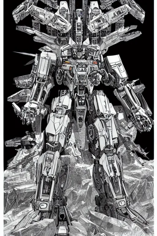 Prompt: full body illustrations of mecha, pen and ink, very detailed, concept art, transformers movie aesthetic