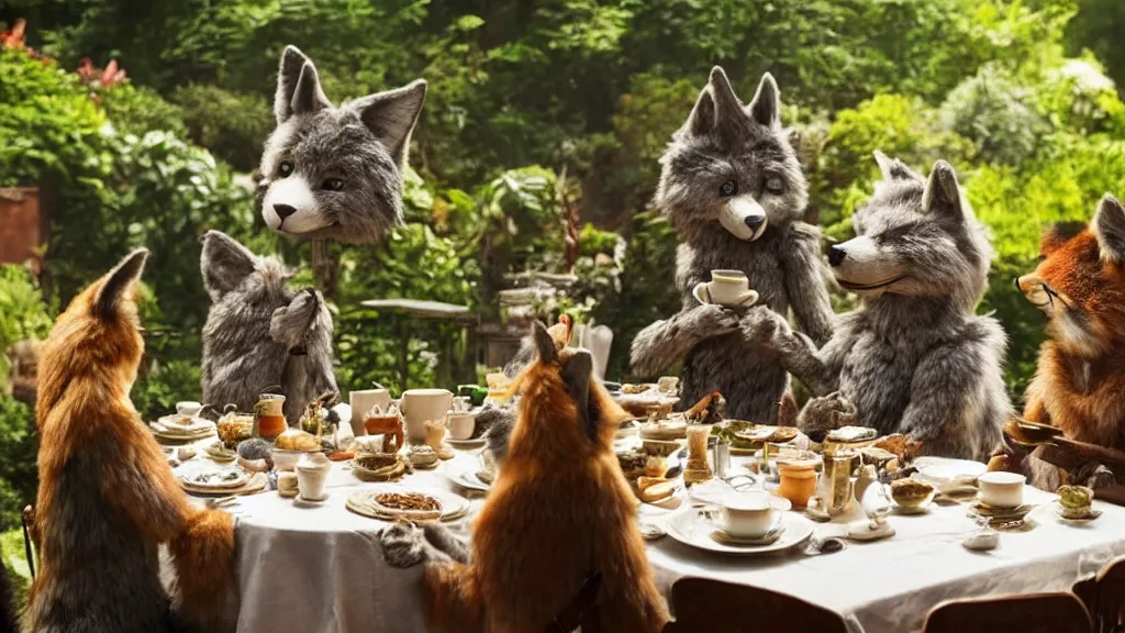 Image similar to film still from the movie chappie outdoor park plants garden scene bokeh depth of field several figures sitting down at a table having a delicious grand victorian tea party crumpets furry anthro anthropomorphic stylized cat ears wolf muzzle head fox fur