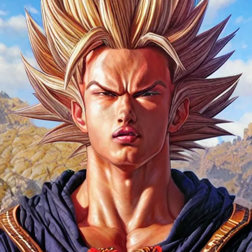 Prompt: super saiyan warrior, exquisite detail, hyper realism, ornate, voluptuous, exquisite detail, masterpiece, cute face, 4k, art by Donato Giancola and Bayard Wu and WLOP and Artgerm