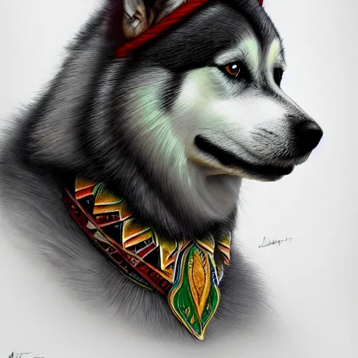 Image similar to beautiful detailed picture of a rastafarian husky, intricate, elegant, highly detailed, my rendition, digital painting, artstation, concept art, smooth, sharp focus, illustration, art by artgerm and greg rutkowski and alphonse mucha