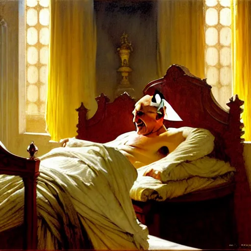 Image similar to the pope wakes up is his bed, sweating, nervous, terrified, because a double horned shadow demon lurks in the papal bedroom. highly detailed painting by gaston bussiere, j. c. leyendecker, greg rutkowski, craig mullins 8 k