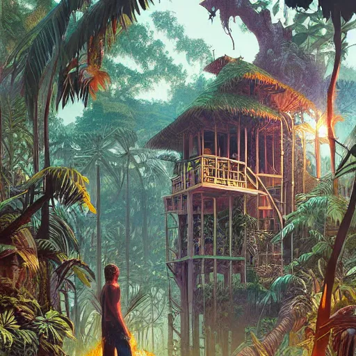 Image similar to jungle mansion by greg rutkowski. day beach by dan mumford.