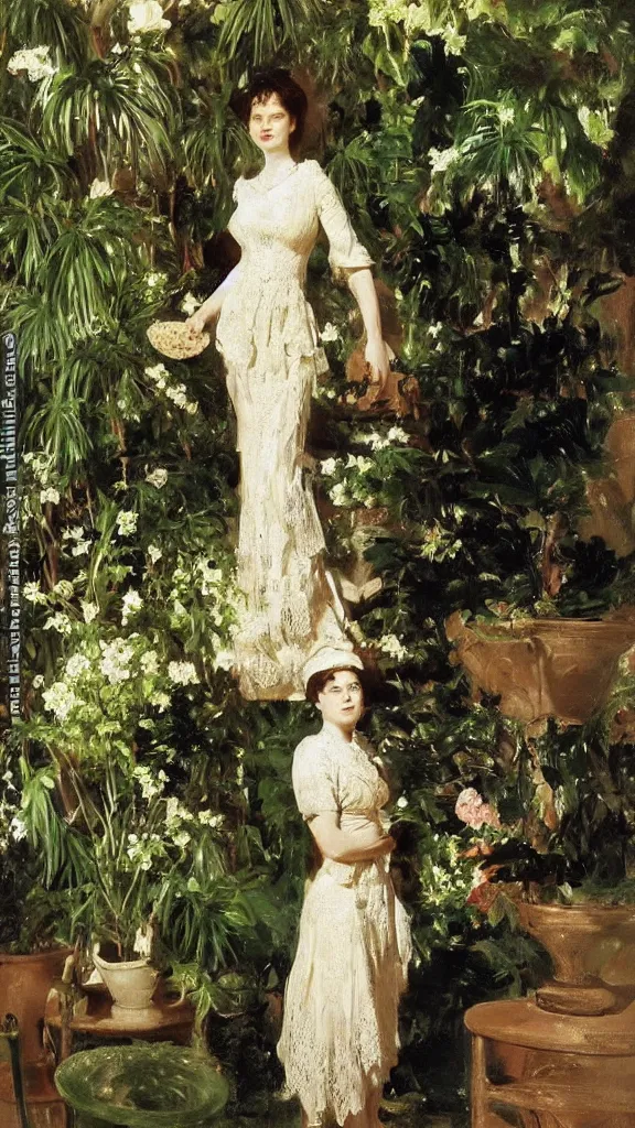 Prompt: rebekah delrio wear a lace dress in a botanical room set near a persian pot and palm treeby john singer sargent