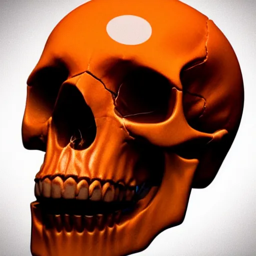 Image similar to real human skull with circular electronic eyes, emitting orange light