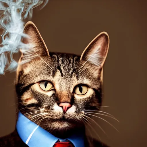 Image similar to a high detail closeup shot of a cat wearing a suit and smoking a cigar