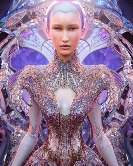 Image similar to a highly detailed metahuman 8 k close up render of bella hadid as alice in wonderland renaissance in iris van herpen dress schiaparelli in diamonds crystals swarovski and jewelry iridescent in style of alphonse mucha gustav klimt trending on artstation made in unreal engine 4