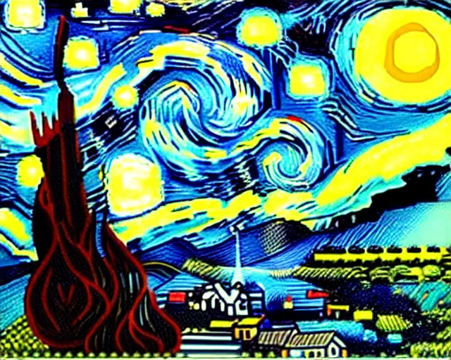 Image similar to Red green and black color scheme Starry Night by van Gogh, re imagined as 8 bit pixel art.