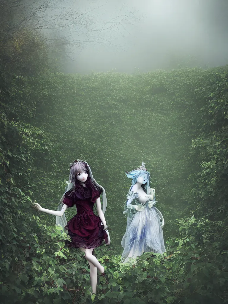 Prompt: cute fumo plush girl among vines in the middle of a foggy rose garden under a blue sky, beautiful glowing ethereal gothic magical wraith fairy girl with dark eyes, tattered dress, bokeh, vray