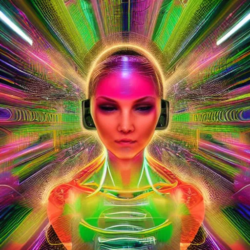 Prompt: a majestic portrait of a female computer algorithm with heart and brain and soul connected to the computer cloud using digital energy beams, digital painting, high detail, 8 k, intricate ornamental details, avant garde, vibrant iridescent colors, green magenta and gold