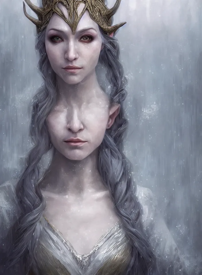 Image similar to a closeup portrait of an elven sorceress from skyrim wearing a white dress, fantasy setting, cold environment, serene colors, soft lighting, atmospheric, cinematic, moody, in the style of diego koi, gina heyer, luiz escanuela, art by alyssa monk, depth, hyperrealism, rule of thirds, golden ratio, oil on canvas, 8 k