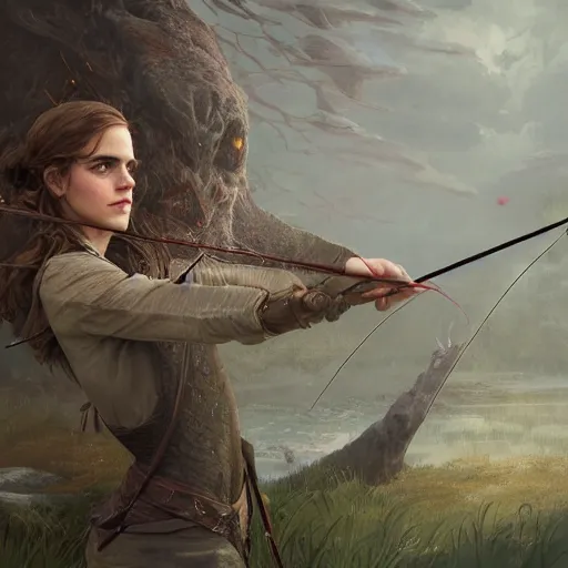 Image similar to portait of a emma watson archer shooting arrow at forest monster, front game card, drark, marvel comics, dark, intricate, highly detailed, smooth, artstation, digital illustration by ruan jia and mandy jurgens and artgerm and wayne barlowe and greg rutkowski and zdislav beksinski