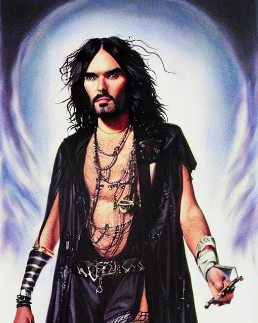 Prompt: russell brand portrait, airbrush, drew struzan illustration art, key art, movie poster