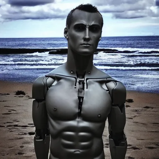 Image similar to “a realistic detailed photo of a guy who is an attractive humanoid who is half robot and half humanoid, who is a male android, Mike the Situation, shiny skin, posing like a statue, blank stare, at the beach, on display”