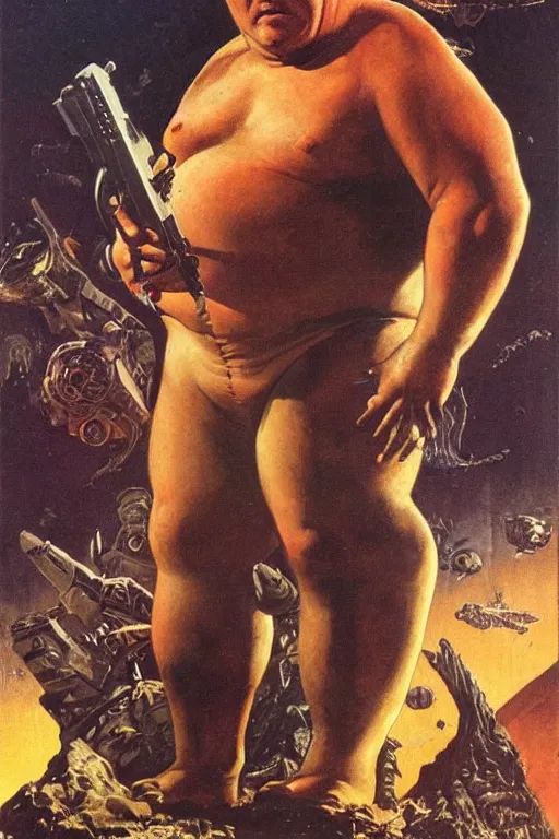 Prompt: focus on ray winstone as a fat scifi warrior exploring an alien temple, by norman rockwell and boris vallejo