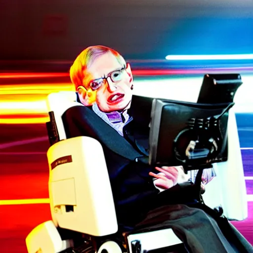 Image similar to stephen hawking in neon lights street racing and trying to escape police