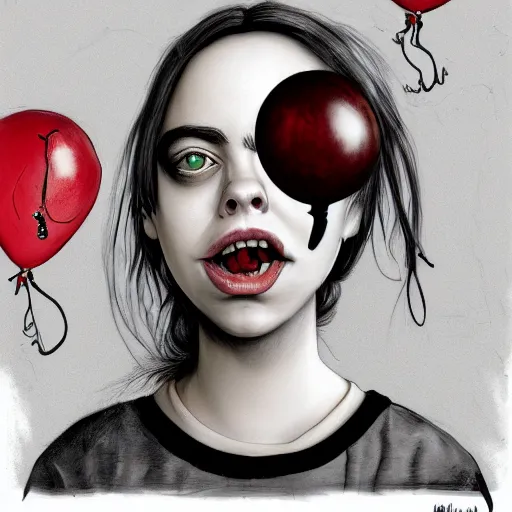 Image similar to surrealism grunge cartoon sketch of billie eilish with a wide smile and a red balloon by - michael karcz, loony toons style, horror theme, detailed, elegant, intricate