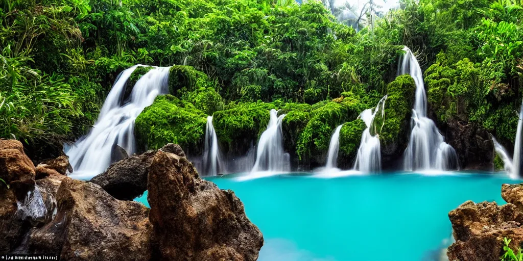 Image similar to of a tropical island with a majestic waterfall flowing into a clear pool of water, raining, fish swimming