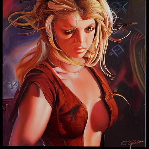 Image similar to detailed portrait of britney spears anime intricate, hyper detailed, realistic, oil painting, by julie bell, frank frazetta, cinematic lighting