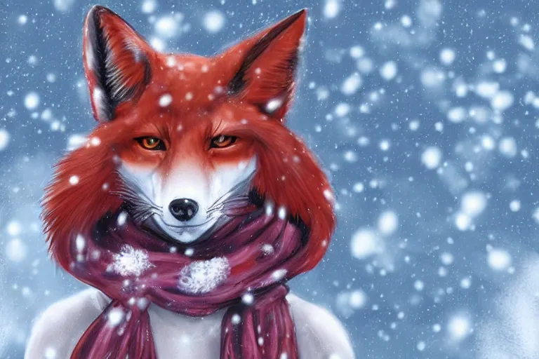 Image similar to a transhuman fox fursona wearing a scarf in the snow, trending on artstation, furry art