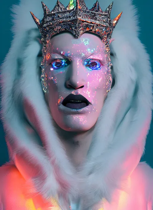 Image similar to photo of baroque and bladerunner delicate neon diamond sculpture of ceramic albino king diego barrueco seductive delicious lip licking, creamy orange iridescent humanoid deity wearing white fluffy hoody holding diamond skull in a black metallic dungeon, reclining, glowing rainbow face, crown of white diamonds, cinematic lighting, photorealistic, octane render 8 k depth of field 3 d