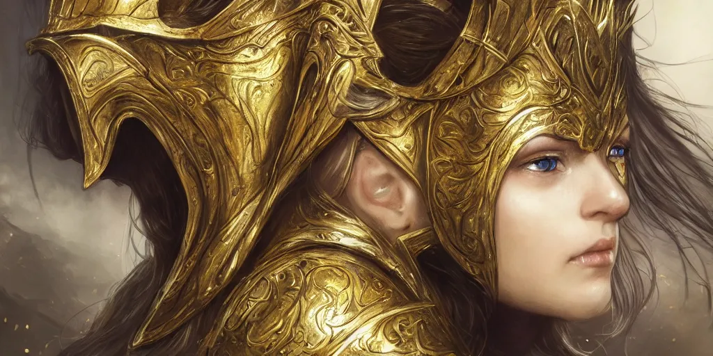 Prompt: side portrait of a female elven warrior, fantasy, gold armour, gold helmet, trending on artstation, gsociety, D&D, elegant, highly detailed, realistic eyes, detailed illustration, smooth, sharp focus, upper body, intricate, rule of thirds, dark background hd 4k by greg rutkowski, Alphonse Mucha, Ayami Kojima, Charlie Bowater, Karol Bak, Greg Hildebrandt, norman rockwell