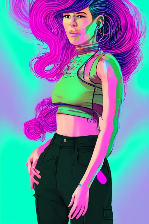 Image similar to a award winning half body portrait of a beautiful woman in a croptop and cargo pants with ombre purple pink teal hairstyle and hands in pockets by ari liloan, surrounded by whirling illuminated lines, outrun, vaporware, shaded flat illustration, digital art, trending on artstation, highly detailed, fine detail, intricate