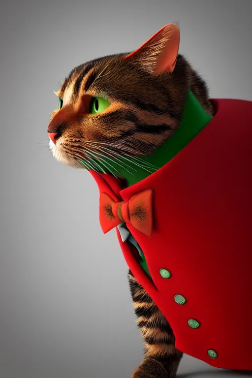 Image similar to a cat wearing a red and green formal overcoat, hyperrealistic, concept art, octane render, unreal engine 5, realistic and defined face, profile picture, digital art, pixar and disney, symmetrical, high quality, highly detailed, high coherence, path traced, house background, low contrast, beautiful