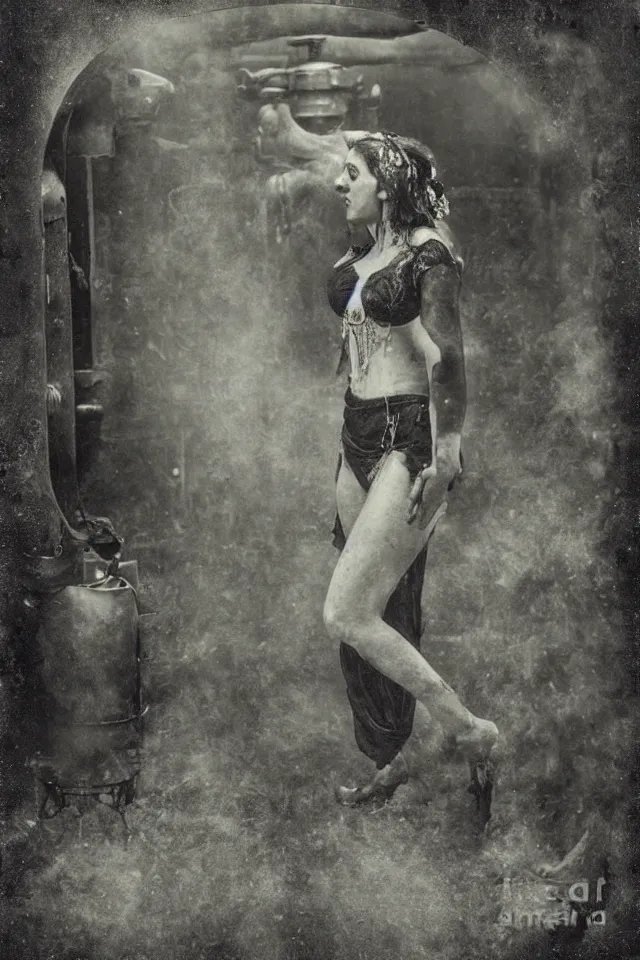 Prompt: wet plate, belly dancer in a victorian era boiler room, coal dust, 1 8 8 0 photograph