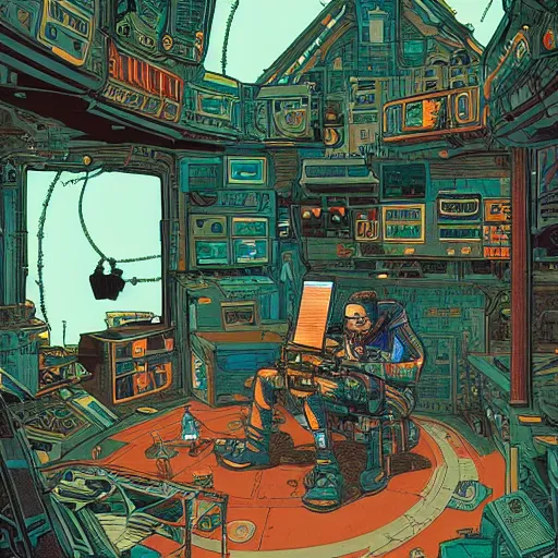 Image similar to Stunningly intricate illustration of a cyberpunk explorer playing video games in his treehouse, highly detailed, midnight, by Victo Ngai and James Gilleard , Moebius, Laurie Greasley