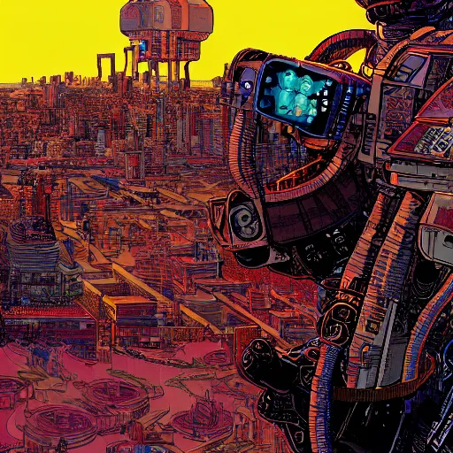 Prompt: hyper detailed comic illustration close up of a young explorer wearing a cyberpunk headpiece sitting on the head of a giant robot watching the sunset in the distance, by Josan Gonzalez and Geof Darrow, highly detailed, 8k wallpaper