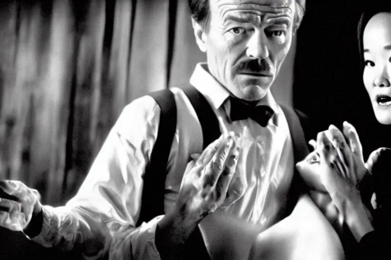 Image similar to film still of bryan cranston and josie packard in cosmic horror! the musical by david cronenberg, 3 5 mm film, atmospheric, ultra fine detail, film grain, photorealistic