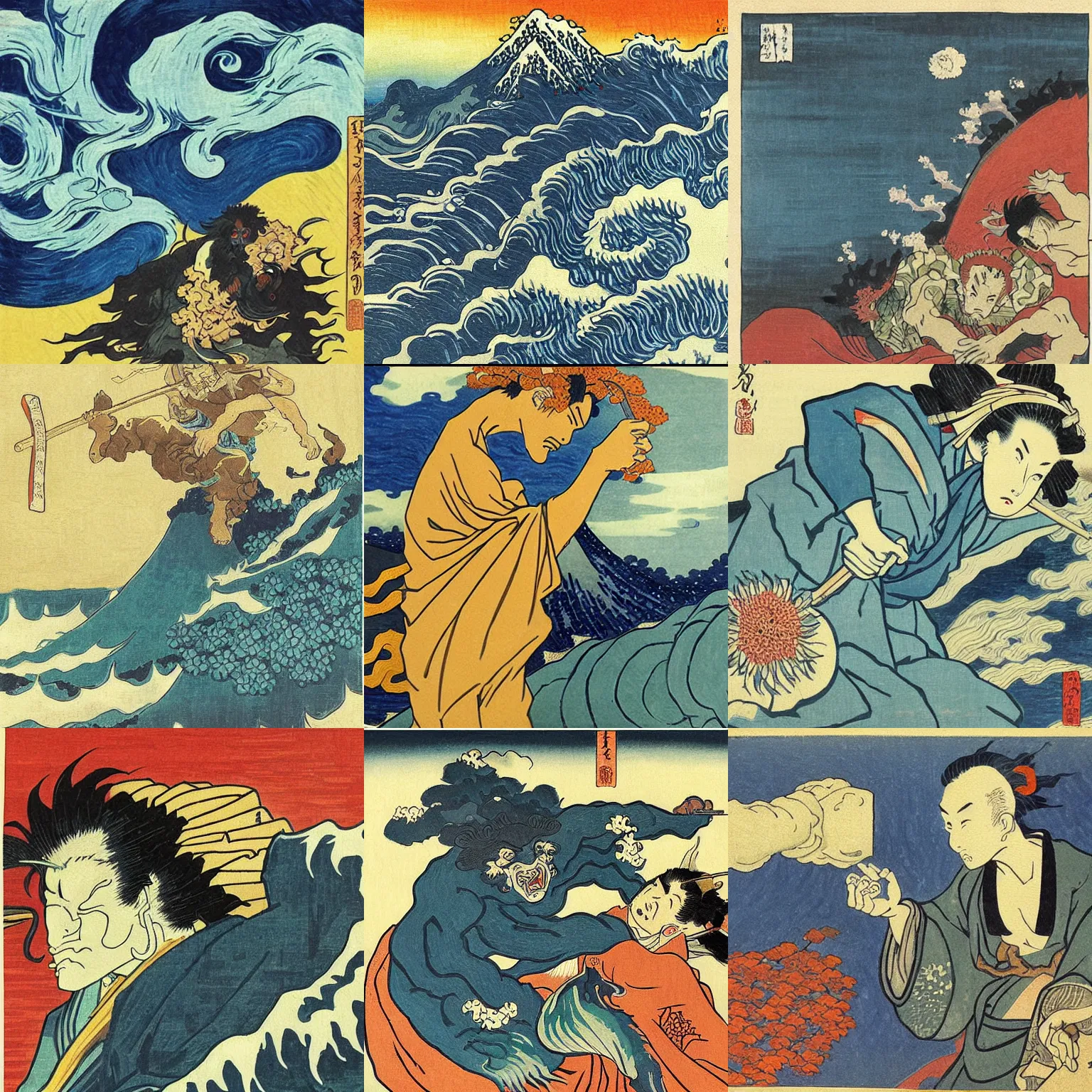 Prompt: oni!!!!! painting by hokusai and van gogh