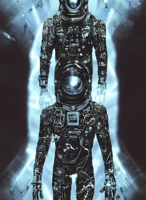 Image similar to astronauts in dark and empty void underwater poster - complex and hyperdetailed technical suit. reflection and dispersion materials. rays and dispersion of light. volumetric light. 5 0 mm, f / 3 2. noise film photo. flash photography. ultra realistic, wide angle. poster by wayne barlowe, hajime sorayama aaron horkey, craig mullins