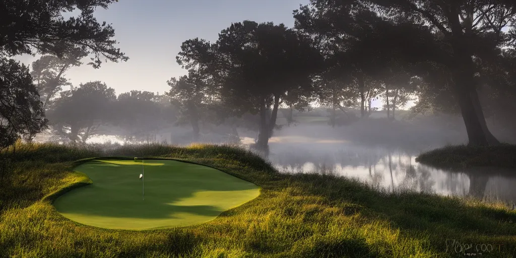 Image similar to a great photograph of the most amazing golf hole in the world completely surrounded by water, calm water, perfect light, ambient light, 5 0 mm, golf digest, top 1 0 0, fog