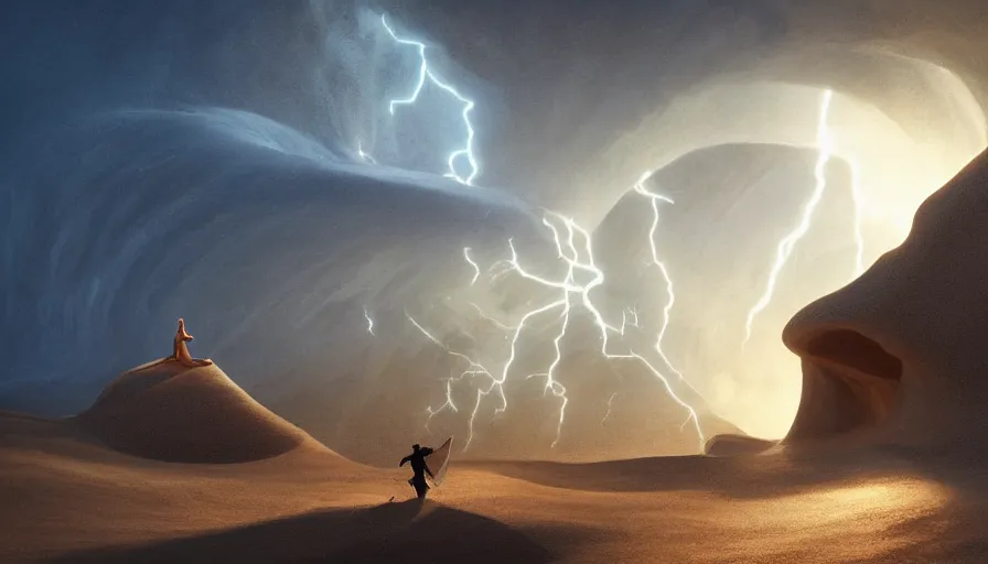 Image similar to a glowing magical portal inside a big wave made of sand fantasy desert, portal, a man watching over, lightning, by caspar david friedrich by james gilleard and justin gerard, artstation, smooth, sharp focus, by jean baptiste, octane render