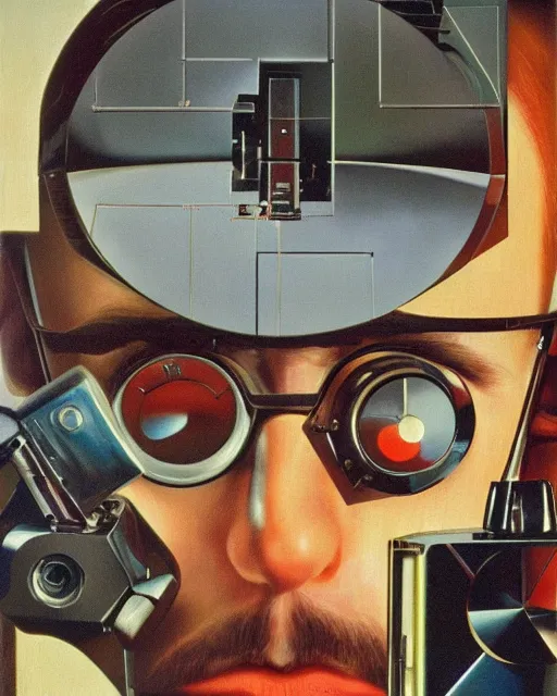 Image similar to a chrome face observing 8 0 s era technology, vintage shapes, retro technology, vintage color, wayne barlow, oil on canvas, deep depth of field, masterpiece, cinematic composition, hyperdetailed