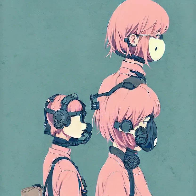 Image similar to singular girl with wearing gas mask, very anime!!! anime!! intricate details, aesthetically pleasing pastel colors, poster background, art by conrad roset and ilya kuvshinov