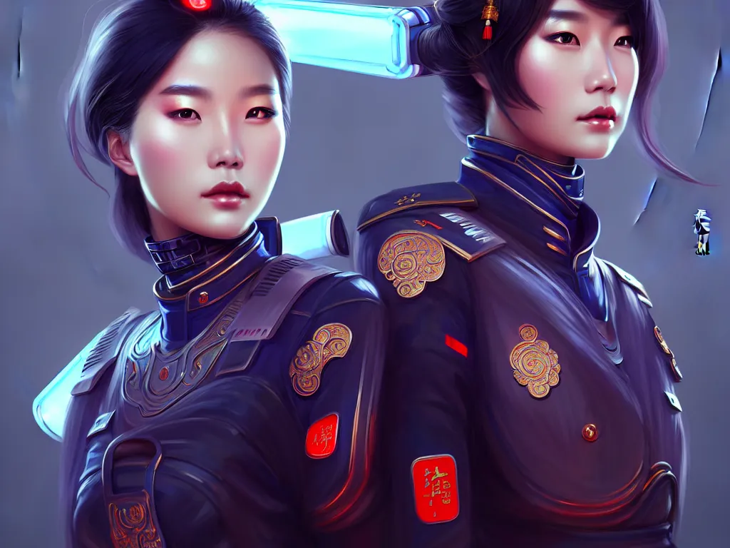 Image similar to portrait futuristic china police uniform female, at future neon light rooftop, ssci - fi and fantasy, intricate and very very beautiful and elegant, highly detailed, digital painting, artstation, concept art, smooth and sharp focus, illustration, art by tan zi and ayanamikodon and alphonse mucha and wlop