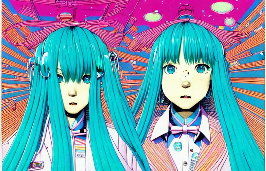 Image similar to hatsune miku by mœbius!!!!!!!!!!!!!!!!!!!!!!!!!!!, overdetailed art, colorful, artistic record jacket design