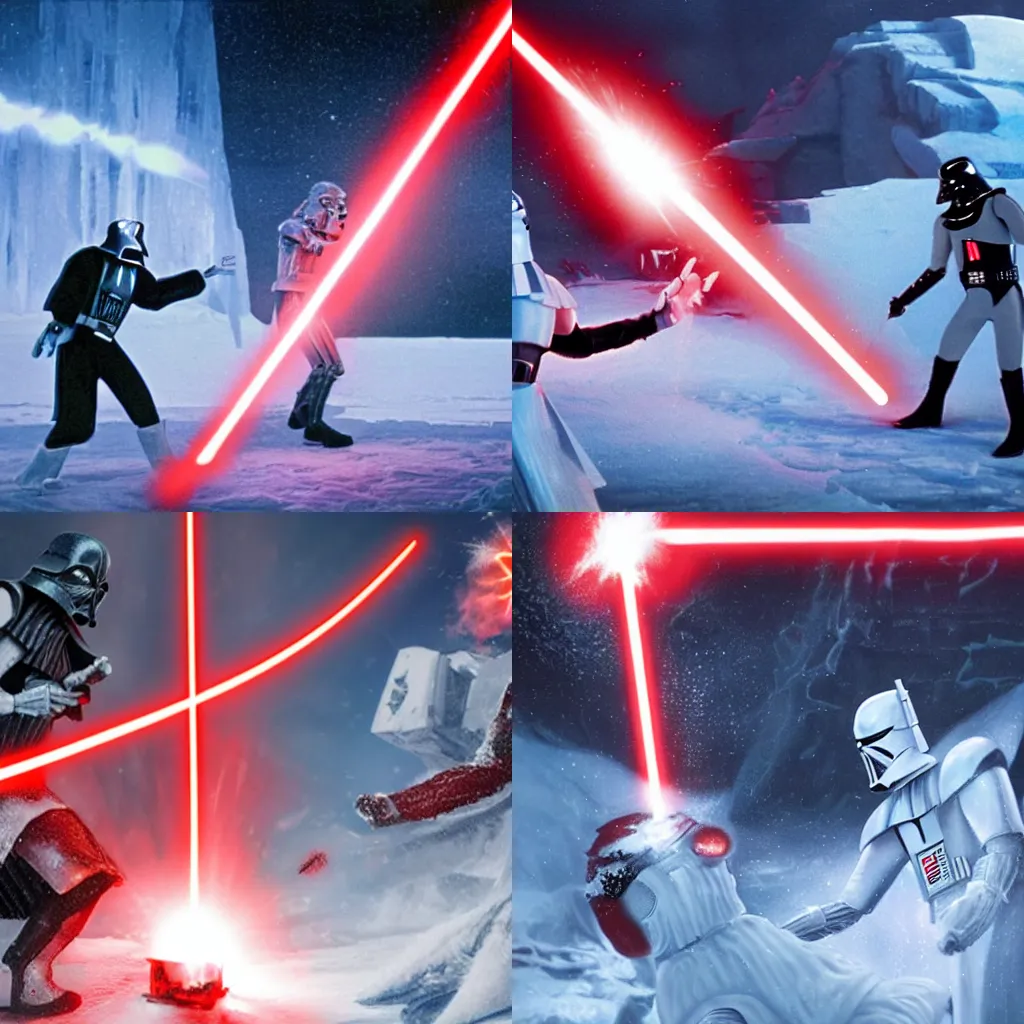 Prompt: iceman blasting ice at darth vader who blocks with red lightsabre, arctic environment