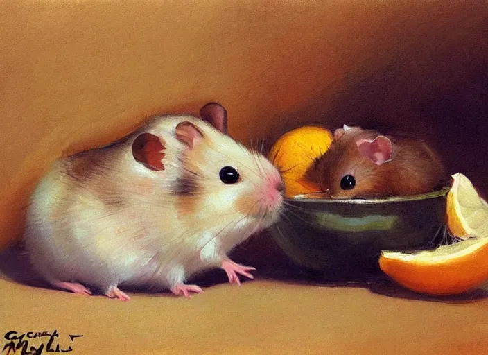 Image similar to a highly detailed beautiful portrait of a cute little hamster eating lemon, by gregory manchess, james gurney, james jean