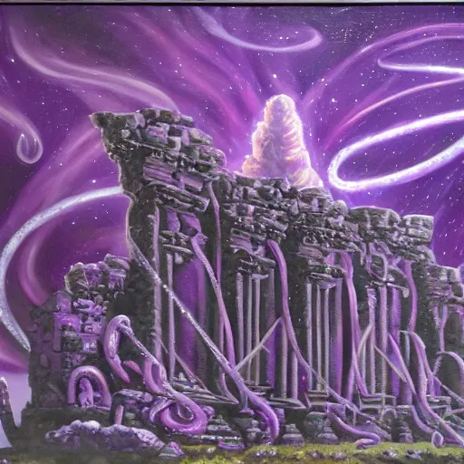 Prompt: purple tendrils lovecraftian temple ruins in space, oil painting