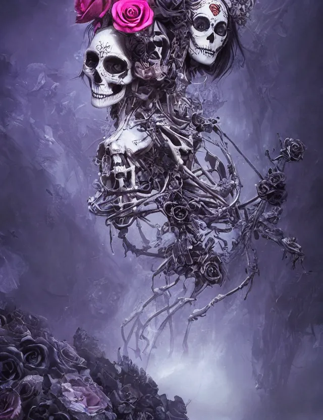 Image similar to a chaotic goddess of death skeleton as a heroine, intricate, elegant skull black rose s day of the dead atmospheric, dramatic, Trending on artstation. augmentations and cybernetic enhancements neon circuits, greg rutkowski , hyperrealist, cinema4D, 8k highly detailed