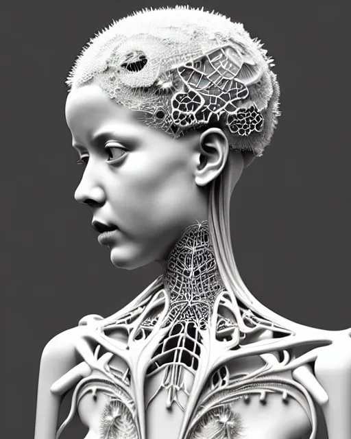 Image similar to bw 3 d render, stunning beautiful very young angelic cute biomechanical albino female cyborg with a porcelain profile face, rim light, big leaves and stems, roots, fine foliage lace, alexander mcqueen, art nouveau fashion embroidered collar, steampunk, silver filigree details, hexagonal mesh wire, mandelbrot fractal, elegant, artstation trending