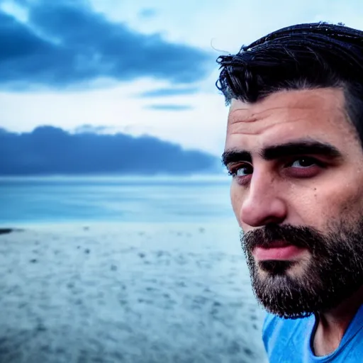 Image similar to real life photo of a Greek man, short dark hair, clean shaven, blue watery eyes, full round face, short smile, serene coastal setting, cinematic lightning, medium shot, mid-shot, highly detailed, photorealistic, 80mm, 85mm, cinematic wallpaper