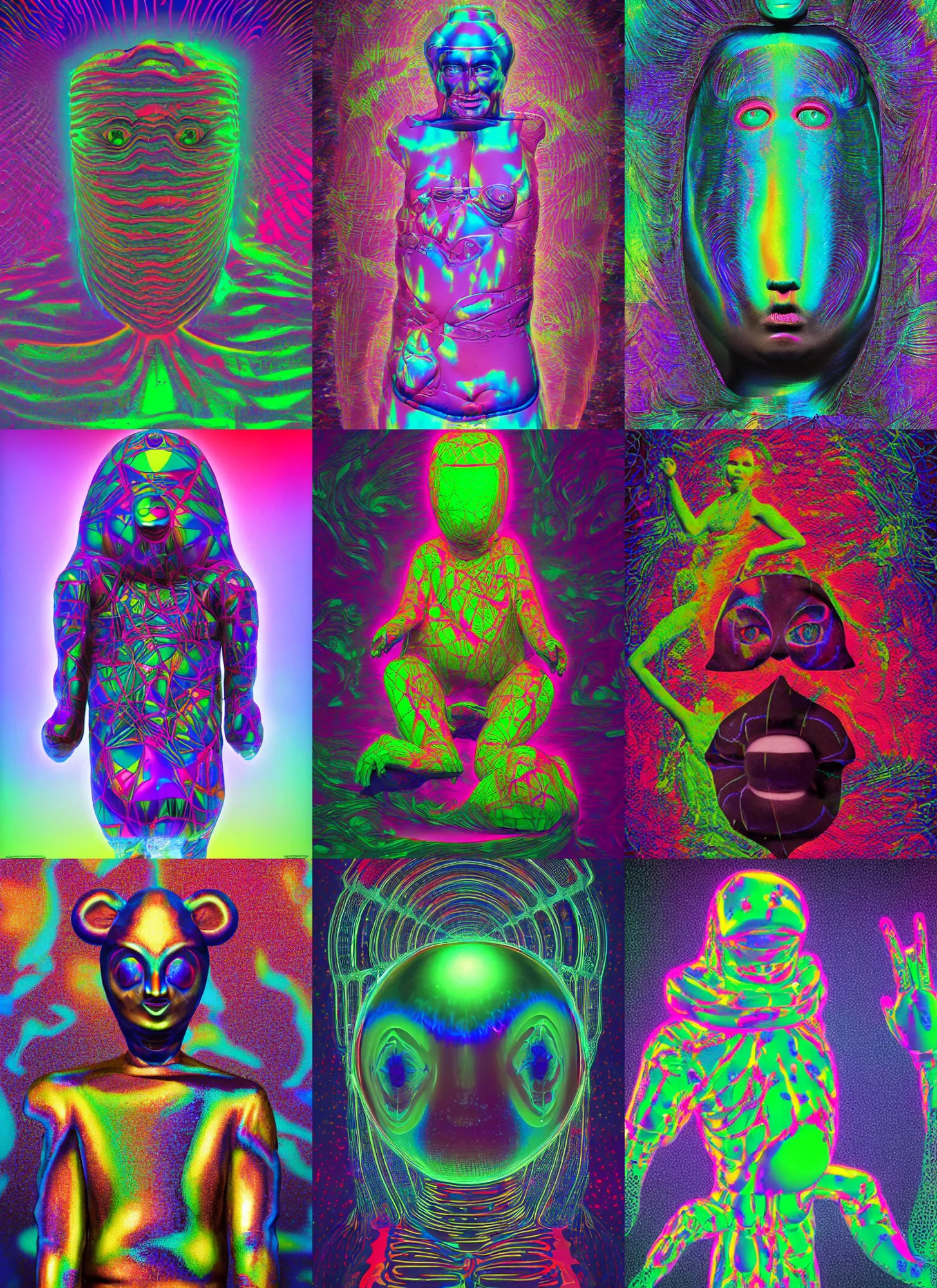 Prompt: a holography sticker of a Selk'nam by Peter Andrew Jones and Mark Ryden and Lisa Frank, Al Feldstein, Yayoi Kusama , Award winning photo, Houdini algorithmic generative render, sharp focus, octane render 8k