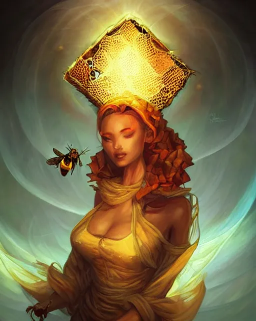 Image similar to draconic beekeeper priestess wrapped in honeycomb and silk, fantasy portrait, radiant halo of light, by peter mohrbacher, artgerm