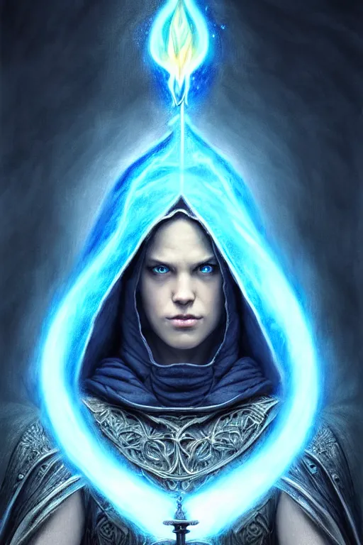 Image similar to Front portrait of a hooded mage hold a blue fire and detailed staff, full body, fine art, awesome fantasy book cover on Pinterest, award winning, dark fantasy landscape, fantasy magic, intricate, elegant, sharp focus, cinematic lighting, highly detailed, digital painting, concept art, art by WLOP and Artgerm and Greg Rutkowski, masterpiece, trending on artstation, 8K