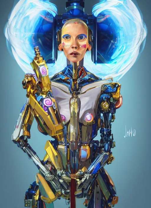 Image similar to an anthropomorphic beautiful mecha female wizard portrait holding a staff wearing colourful robe, fine art, award winning, intricate, elegant, sharp focus, octane render, hyperrealistic, cinematic lighting, highly detailed, digital painting, 8 k concept art, art by jamie hewlett and z. w. gu, masterpiece, trending on artstation, 8 k